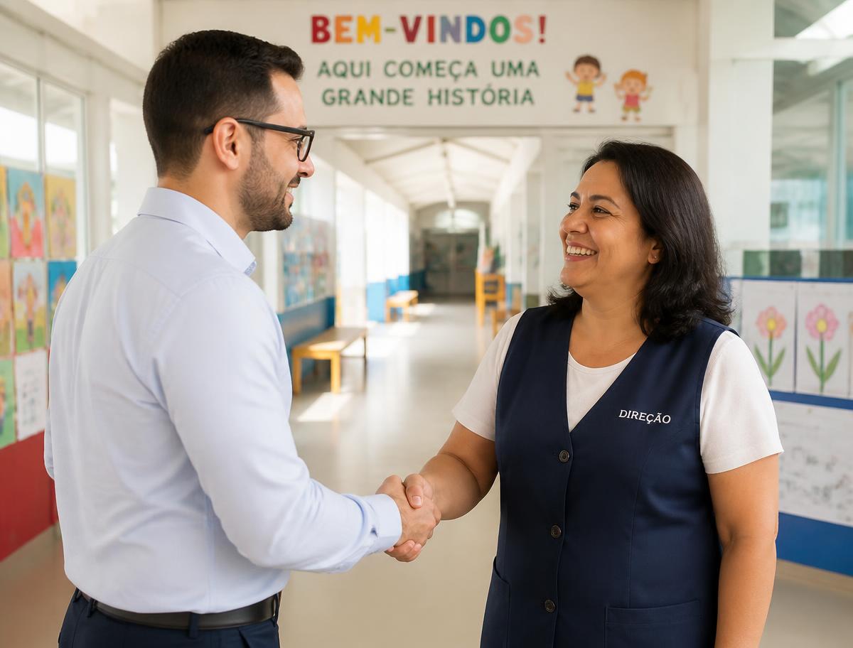 Consultor do Presença.site apertando a mão da diretora no corredor de uma escola infantil